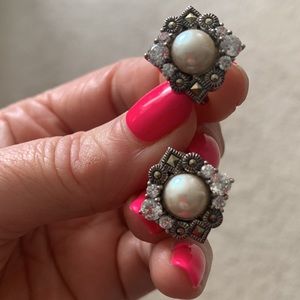 Vintage sterling earrings with marcasite , crystals details, pearl center.